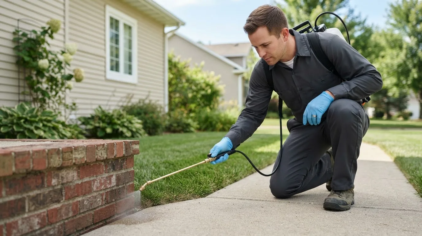Pest control technician treating a home near Walnut Shade, MO